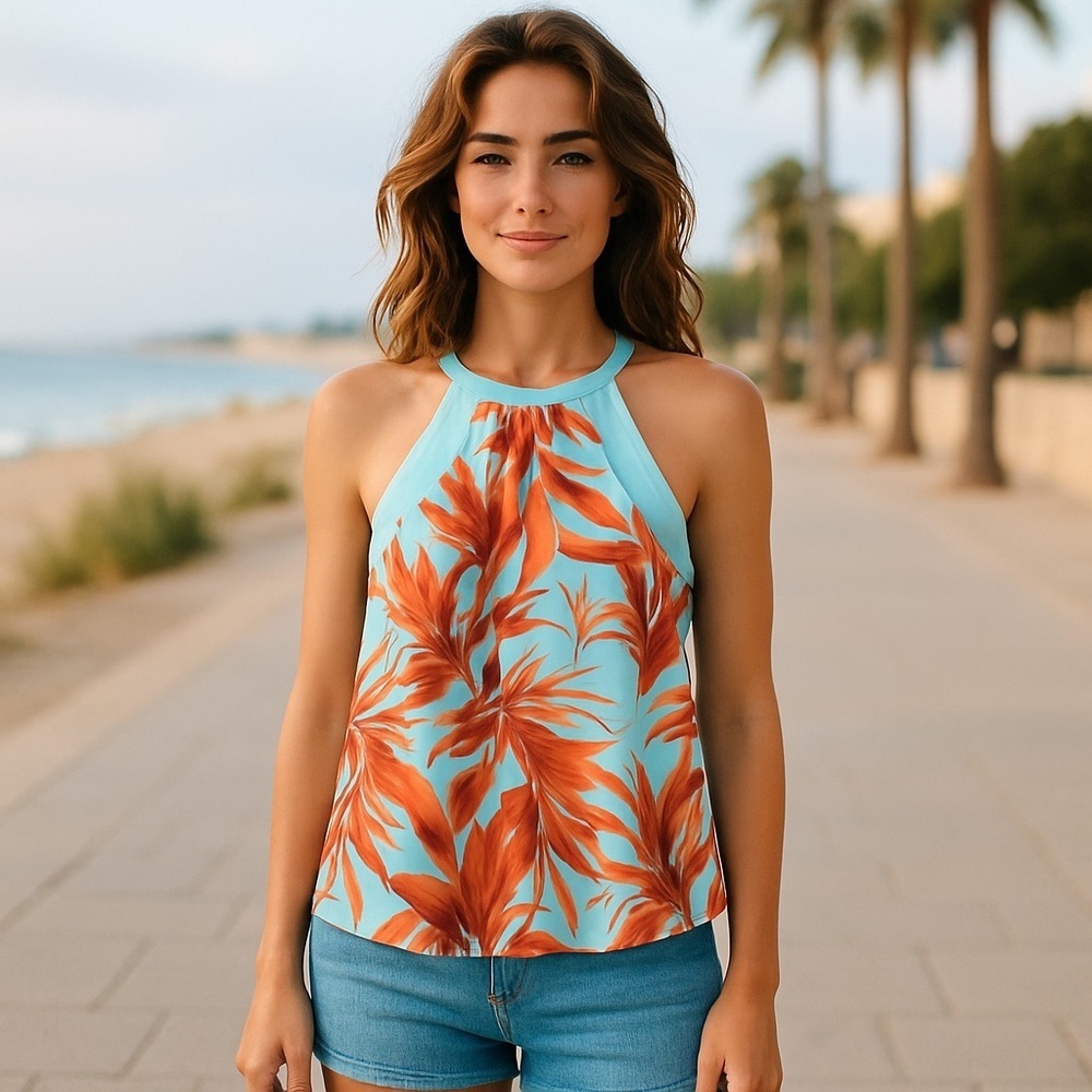 H&M Chiffon Halter Tank Top Tropical Palm Leaf Print Aqua Orange 6 Small